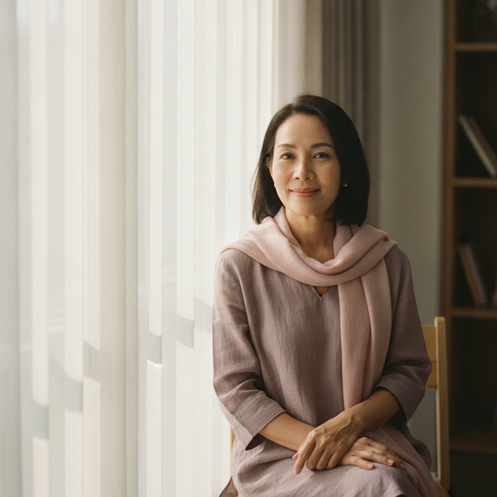 ผู้หญิงไทยวัย 50 นั่งพักผ่อนริมหน้าต่างอย่างสงบ หลังดูแลสมดุลฮอร์โมนวัยทอง