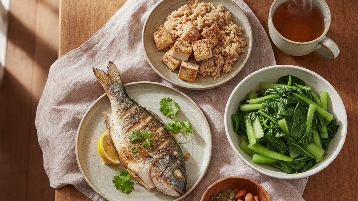 มื้อเย็นย่อยง่าย ปลา ผักใบเขียว เต้าหู้ เมล็ดฟักทอง สำหรับคนวัยทองที่นอนไม่หลับ